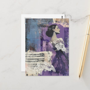 Carte Postale Femme Vintage Musique de Feuille de Collage Dentel