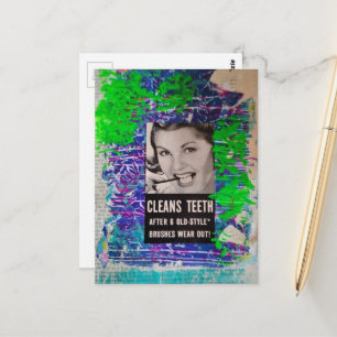 Carte Postale Femme Vintage se brosse les dents Collage Bleu Ver
