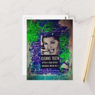 Carte Postale Femme vintage se brosse les dents Collage en techn