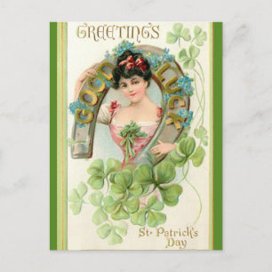 Carte Postale Femme Vintage Trèfle et Fer à Cheval Saint-Patrick