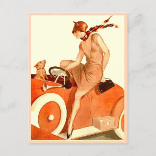 Carte Postale Femme, voiture et chien des années 1920