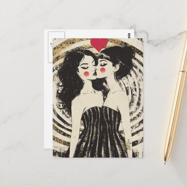 Carte Postale Femmes amoureuses s'embrassant dans des robes asso (Devant/Arrière en situation)
