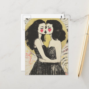 Carte Postale Femmes amoureuses s'embrassant dans des robes noir