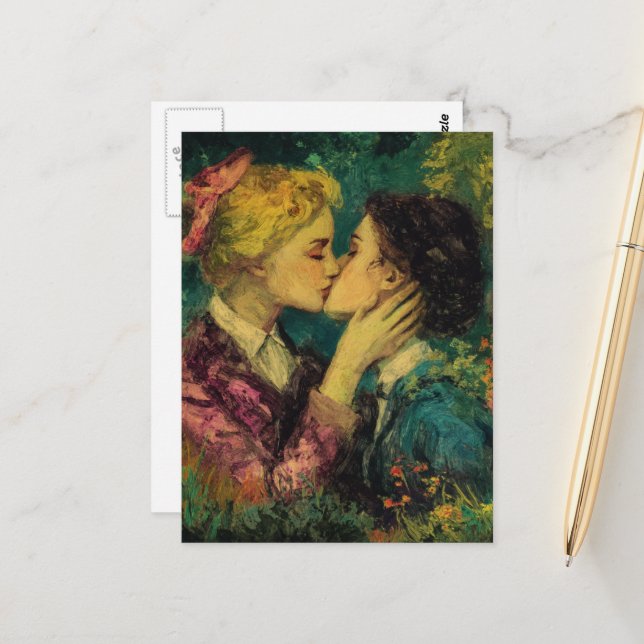 Carte Postale Femmes amoureuses s'embrassant peinture à l'huile (Devant/Arrière en situation)