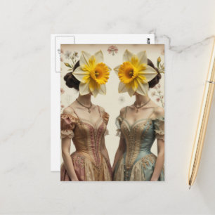 Carte Postale Femmes Rétro Avec Têtes de Jonquille
