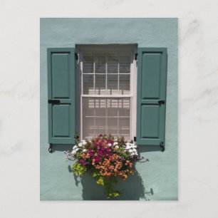 Carte Postale Fenêtre avec volets turquoise et boîte de fenêtre