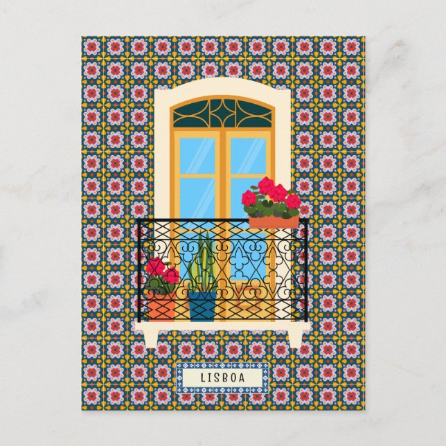Carte Postale Fenêtre de la maison de Lisbonne avec plantes et c (Devant)