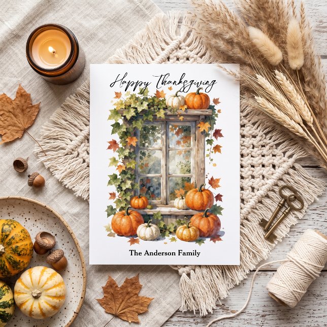 Carte Postale Fenêtre Rustique Citrouilles Orange d'Automne Acti (Créateur téléchargé)