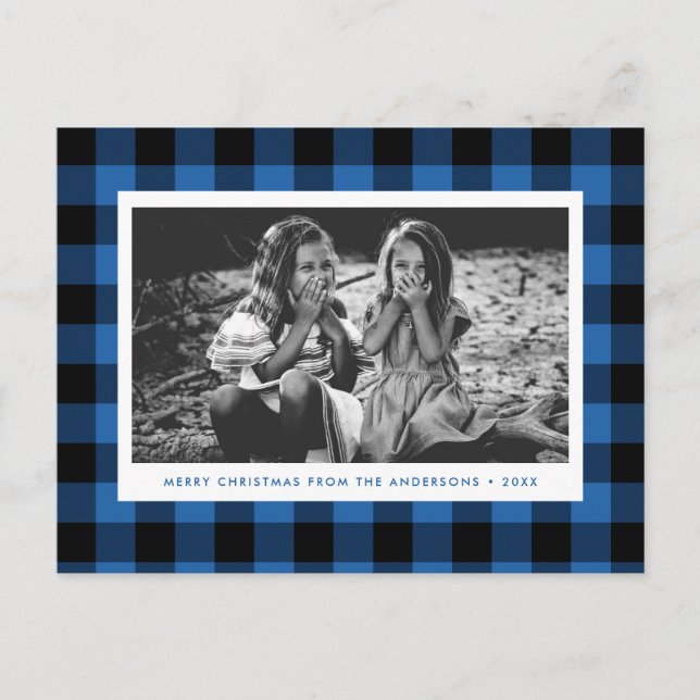 Carte Postale Festif Bleu Buffalo Plaid Photo unique Noël (Devant)