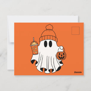 Carte Postale Festif Fantôme avec panier Citrouille et latte gla