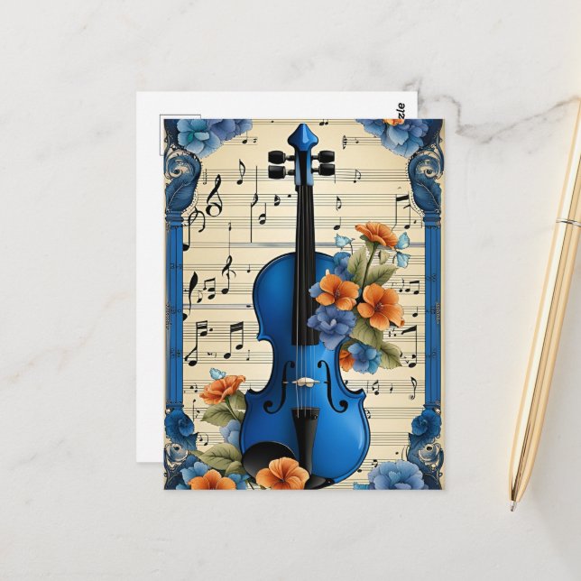 Carte Postale Festival de musique en bleu, violon, (Devant/Arrière en situation)