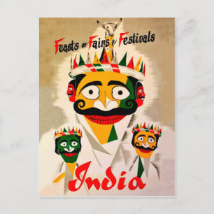 Carte Postale Festivals en Inde, affiche de voyage vintage