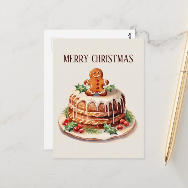 Carte Postale Festive Christmas aquarelle cake ajouter du texte (Devant/Arrière en situation)