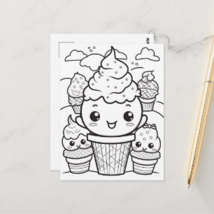 Carte Postale Festive crème glacée enfants coloration