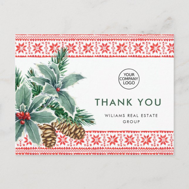 Carte Postale Festive Holly Berry Noël Merci de Noël (Devant)
