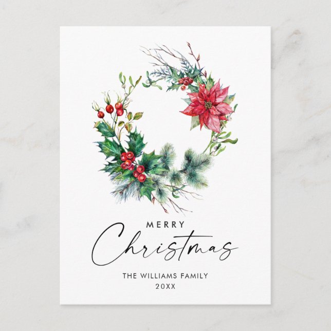 Carte Postale Festive Holly Wreath Noël Salutation vacances (Devant)