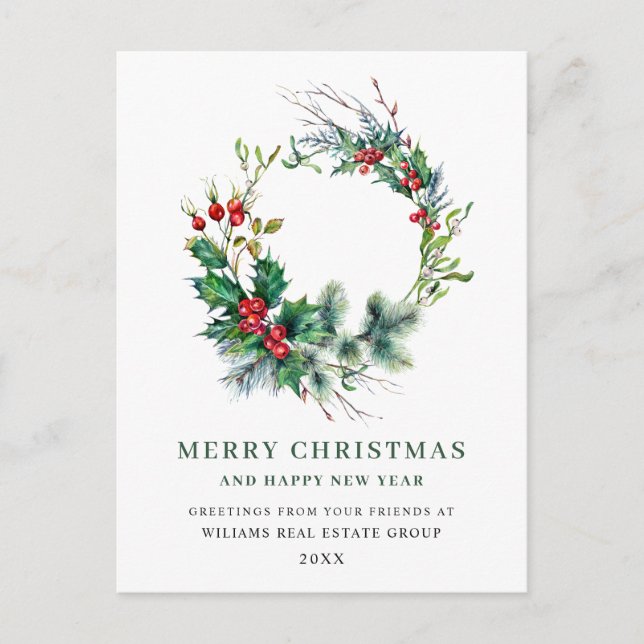 Carte Postale Festive Holly Wreath Noël Salutation vacances (Devant)