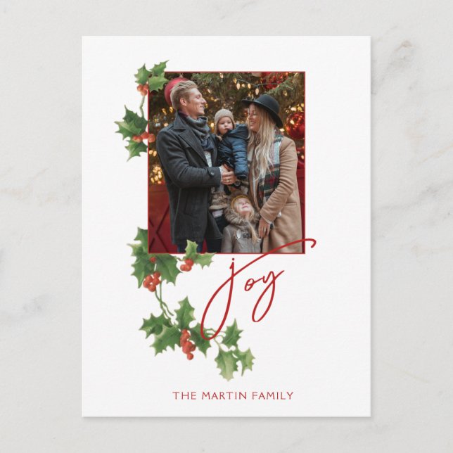 Carte Postale Festive Joy Calligraphy Script, Holly & Photo (Devant)