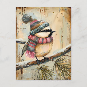 Carte Postale Festive Noël Salutation avec mignon oiseau