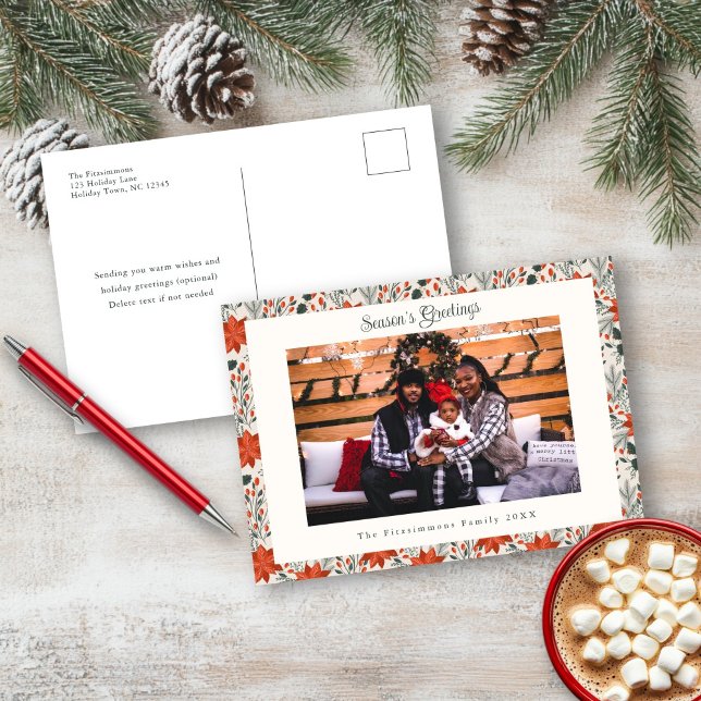 Carte postale Festive Red Poinsettia (Poinsettia Season Photo Christmas Postcard white)