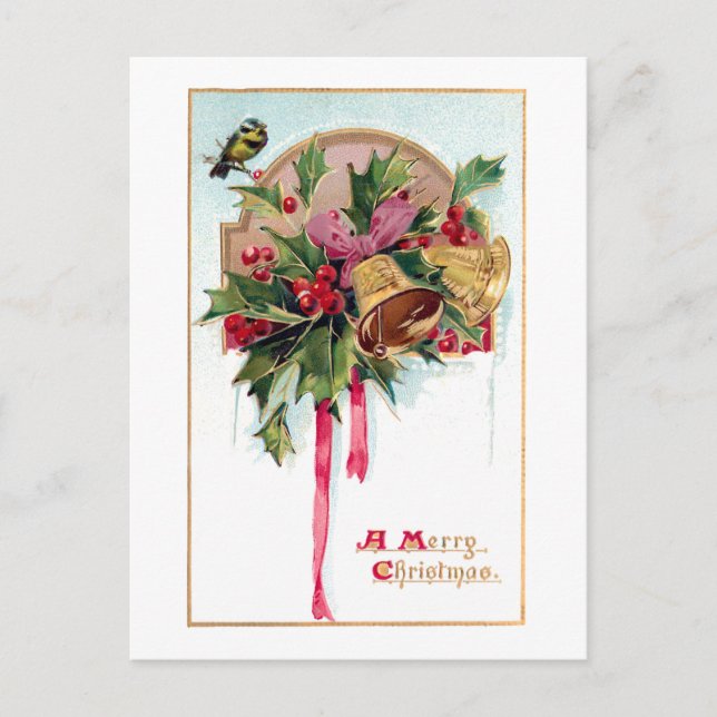 Carte Postale Festive Vintage Christmas Bells & Holly (Devant)