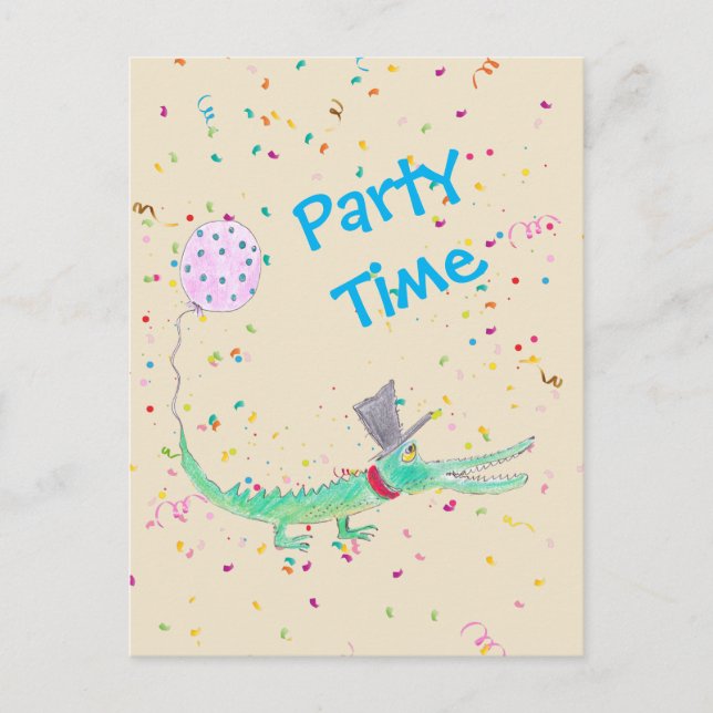 Carte Postale Fête au confetti crocodile vert beige (Devant)