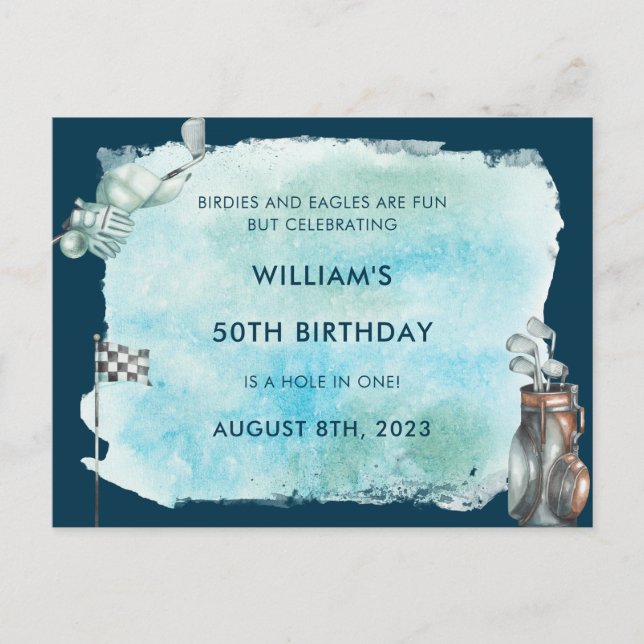 Carte Postale Fête d'anniversaire 50 ans de golf aquarelle (Devant)