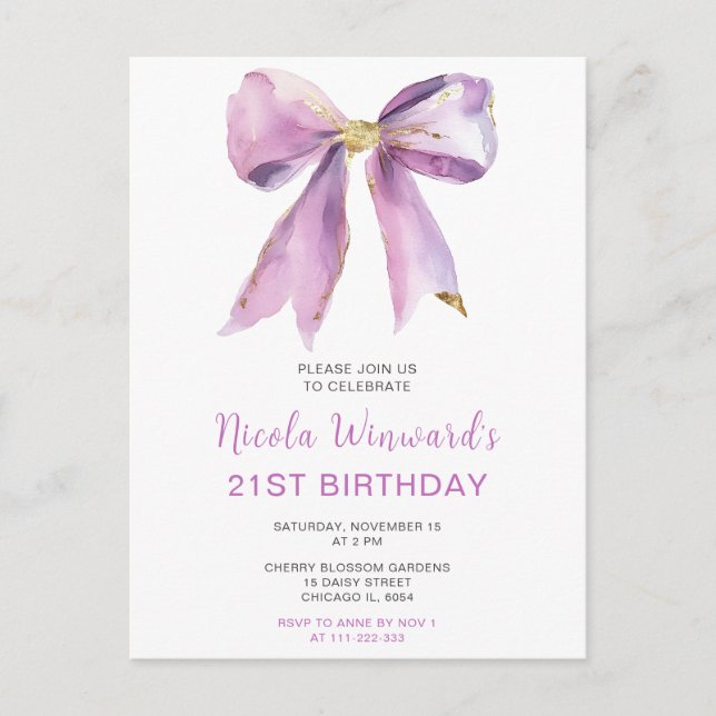 Carte Postale Fête d'anniversaire à ruban coquette violet (Devant)