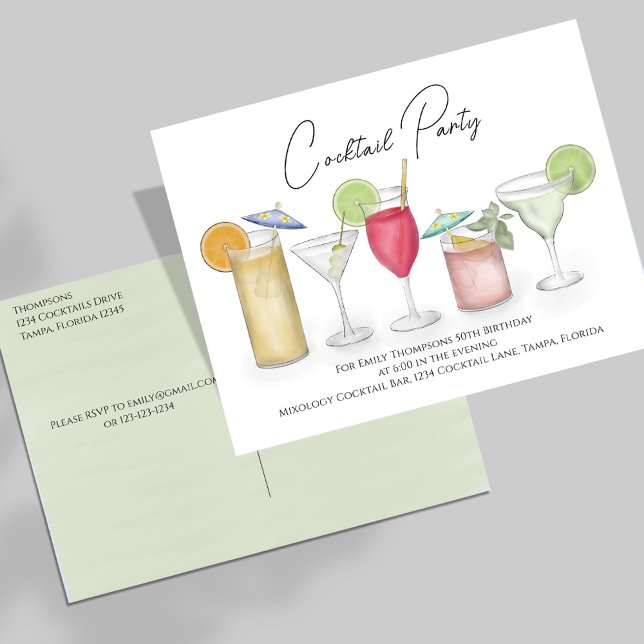 Carte Postale Fête d'anniversaire adulte Cocktails colorés (Cocktail party invitation, great for birthdays or any event. )