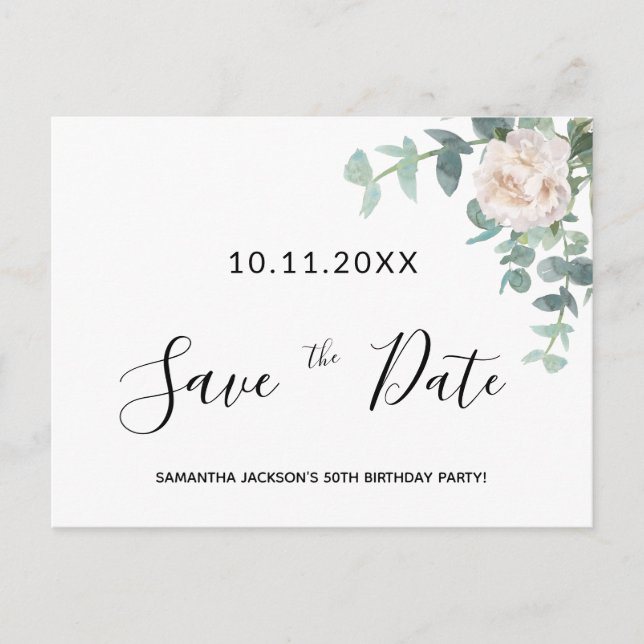 Carte Postale Fête d'anniversaire blanc fleuri vert enregistrer  (Devant)