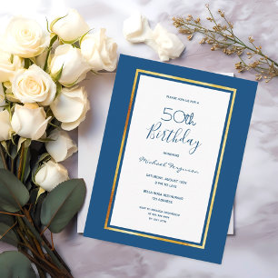 Carte Postale fête d'anniversaire bleu blanc or simple invitatio