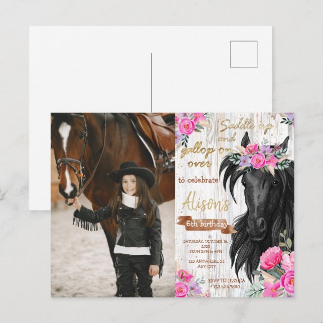 Carte Postale Fête d'anniversaire Cheval thème rustique Cowgirl  (Devant / Derrière)