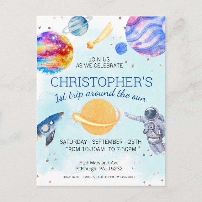 Carte Postale Fête d'anniversaire dans l'espace pour jeune astro (Devant)