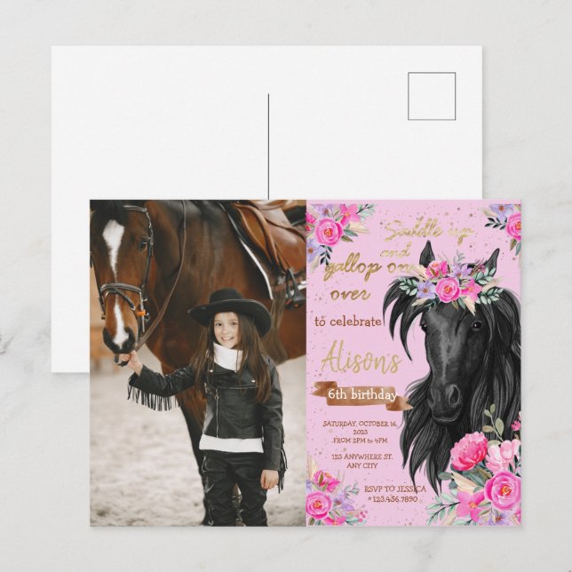 Carte Postale Fête d'anniversaire de cheval Cowgirl Fleur rose A (Devant / Derrière)
