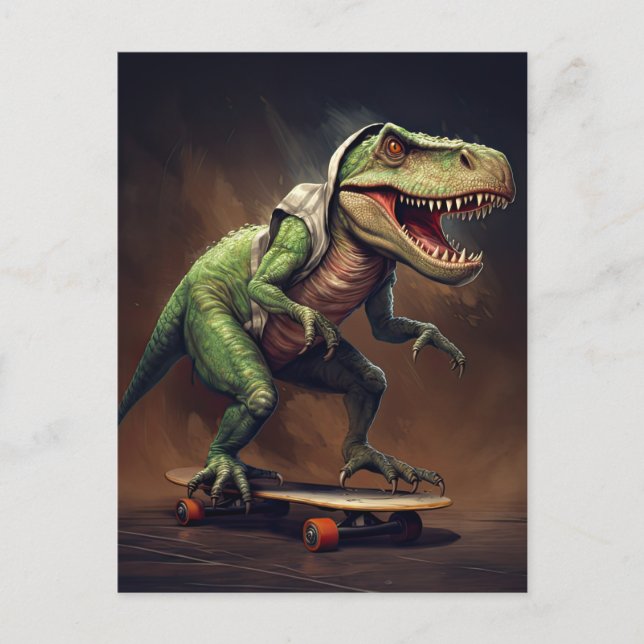 Carte Postale Fête d'anniversaire de dinosaure T-Rex sur skatebo (Devant)