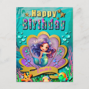 Carte Postale Fête d'anniversaire de fille sirène sous la mer