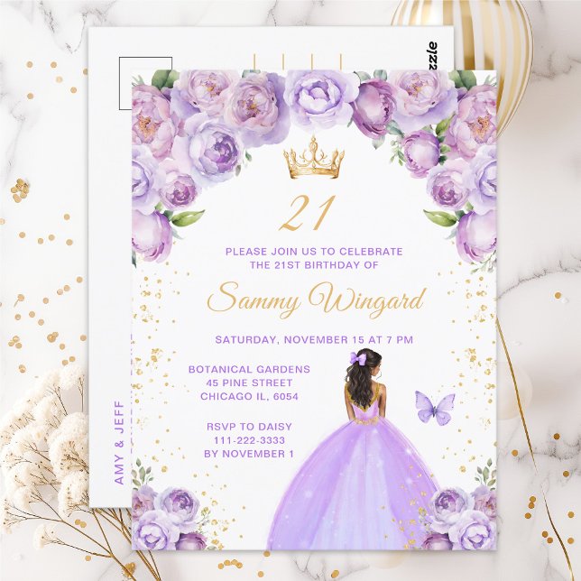 Carte Postale Fête d'anniversaire de princesse à peau noire et r (Créateur téléchargé)