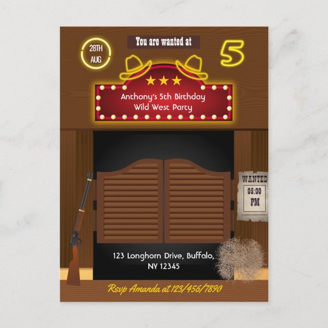 Carte Postale Fête d'anniversaire de Western Cowboy 5 ans (Devant)