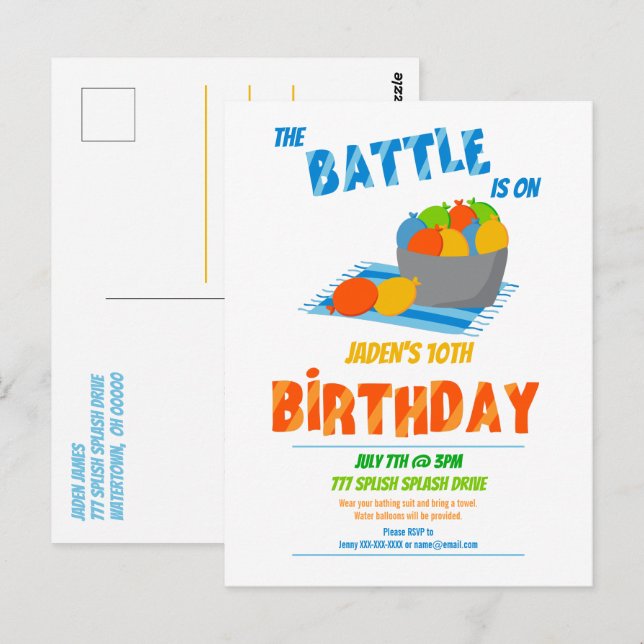 Carte Postale Fête d'anniversaire d'été pour enfants piscine ave (Devant / Derrière)