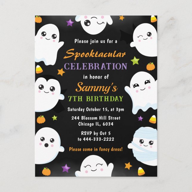 Carte Postale Fête d'anniversaire d'Halloween de fantômes mignon (Devant)