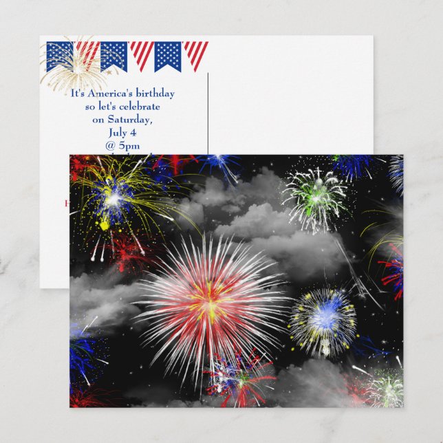 Carte Postale Fête d'anniversaire du 4 juillet avec feux d'artif (Devant / Derrière)