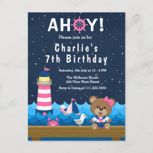 Carte Postale Fête d'anniversaire fille nautique ours rose et ma