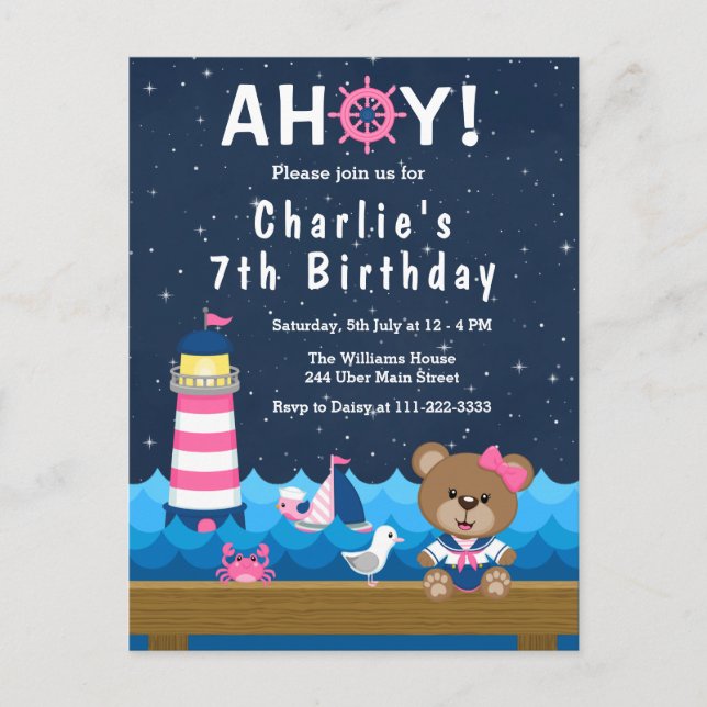 Carte Postale Fête d'anniversaire fille nautique ours rose et ma (Devant)