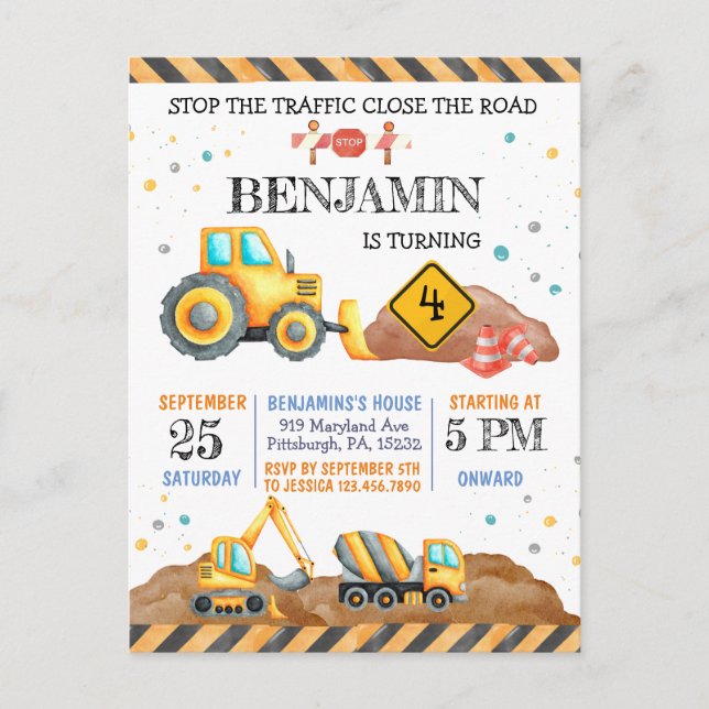 Carte Postale Fête d'anniversaire garçon mignon véhicules de con (Devant)