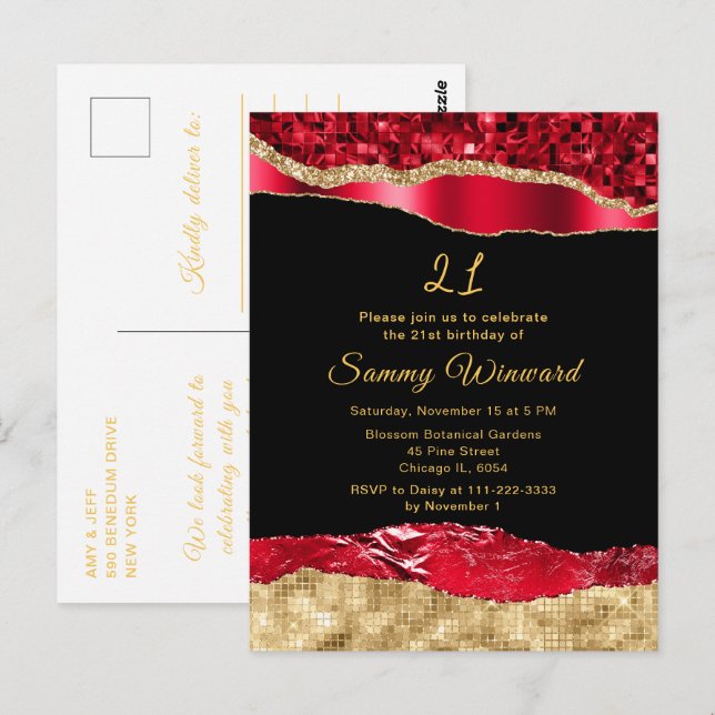 Carte Postale Fête d'anniversaire Glam Larmes Rouge et Or (Devant / Derrière)