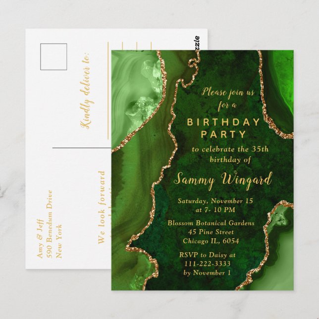 Carte Postale Fête d'anniversaire Marbre Agate Vert et Or (Devant / Derrière)