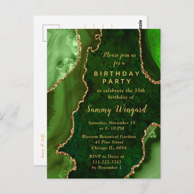 Carte Postale Fête d'anniversaire Marbre Agate Verte et Dorée (Devant / Derrière)