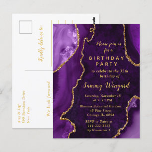 Carte Postale Fête d'anniversaire Marbre d'agate Violet et Or