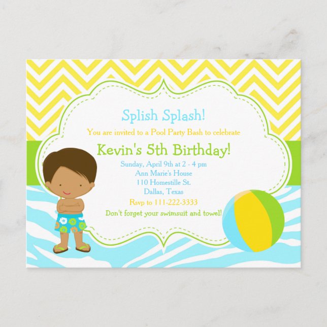 Carte Postale Fête d'anniversaire piscine pour garçon afro-améri (Devant)