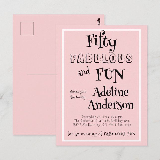 Carte Postale Fête d'anniversaire rose moderne 50 ans et fabuleu (Devant / Derrière)